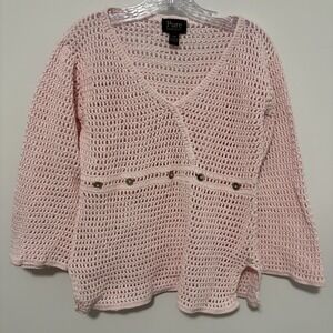 Pure Handknit Women Crochet Sweater Size S/M Baby‎ Pink Cotton Open Knit Grandma
